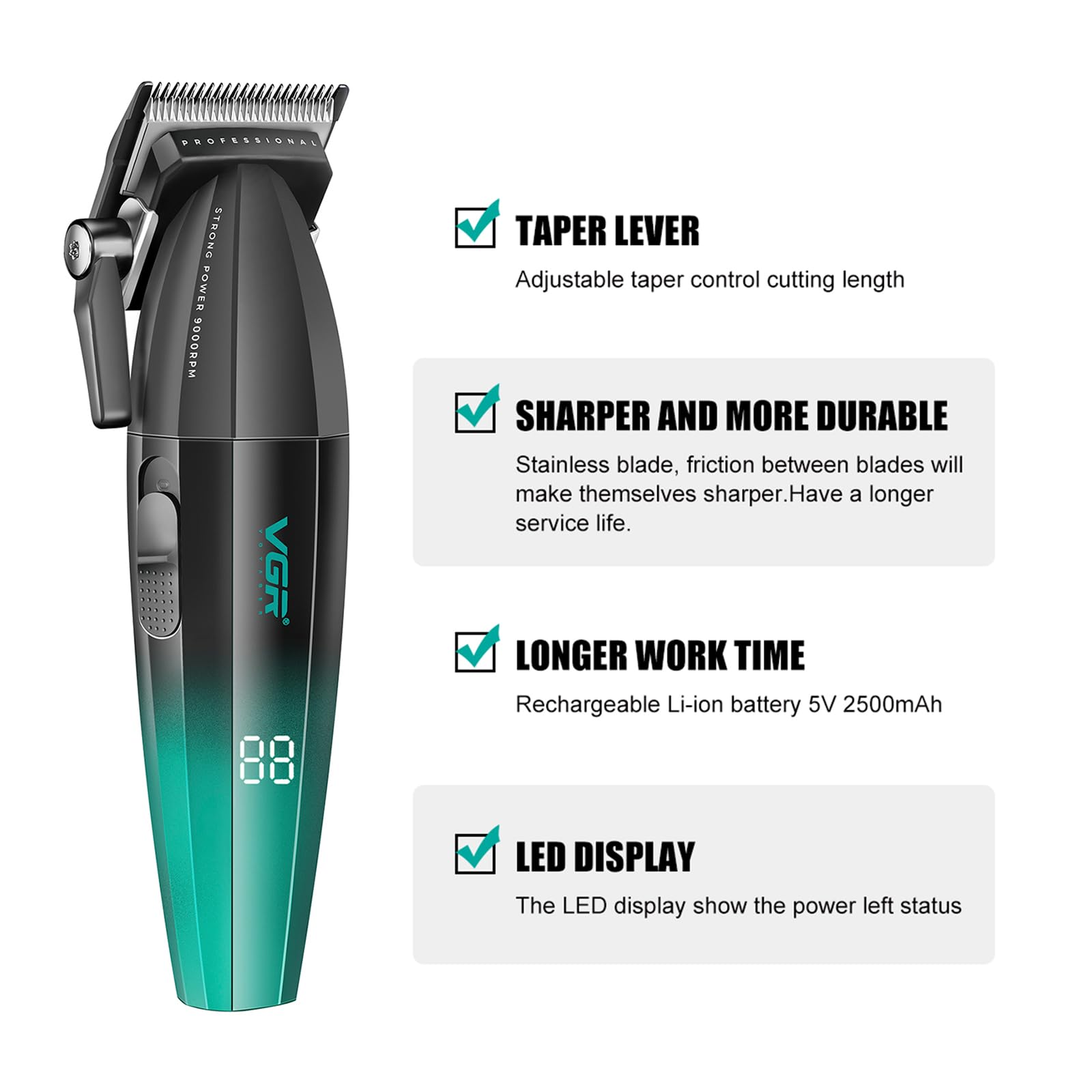 VGR 003 Fresh Fade Hair Clipper, Professional Hair Trimmer, Cord/Cordless Rechargeable Hair Cutting Tools with LED Display, 9000 RPM Barber Clippers, Green