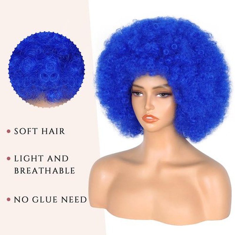 Aminow 70's Afro Wig for Women, Blue Short Afro Kinky Curly Wig, Glueless Synthetic Wig with Bangs, Puffy & Fluffy Bouncy Afro Wig for Daily Cosplay Party