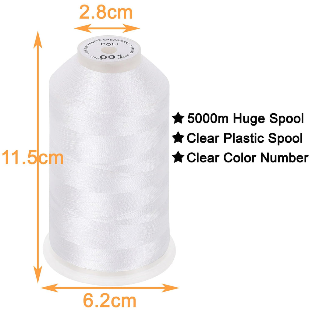 New brothread - Single Huge Spool 5000M Each Polyester Embroidery Machine Thread 40WT for Commercial and Domestic Machines - White