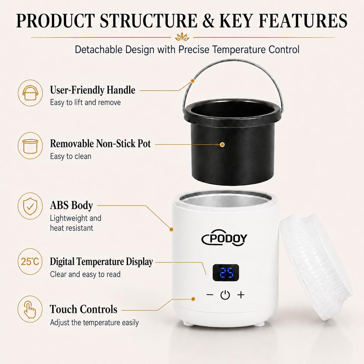 PODOY Mini Wax Warmer - Switchable Display, Portable for Hair Removal with 100 Wax Sticks, Non-Stick Waxing Kit for Women's Face and Body, Professional Melter Machine