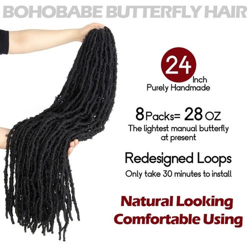 BOHOBABE 24 Inch Light Weight Butterfly Locs Crochet Hair 8 Packs Long Black Distressed Butterfly Faux Locs Toupees Hair, 1B