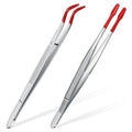2 Piece Tweezers with Rubber Tips Set - Bent and Straight Flat Tips Tweezers PVC Coated for Stamp Coins Jewelry Crafts, Electronics(Silver, Red)