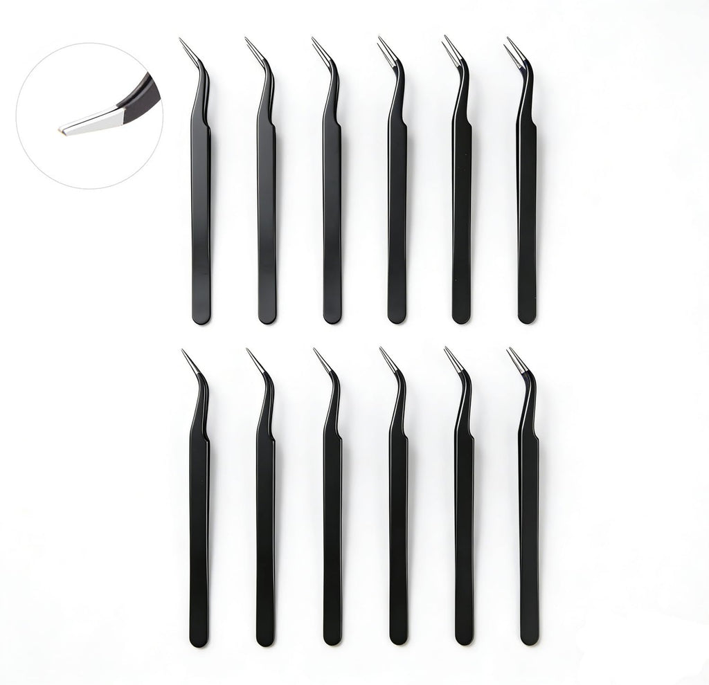 12 Pieces Tweezers for Crafting Stainless Steel Curved Pointed Tweezers with Protective Cover for Rhinestones Dried Flowers Craft Stickers Eyelash Extension Jewelry Making(Black)