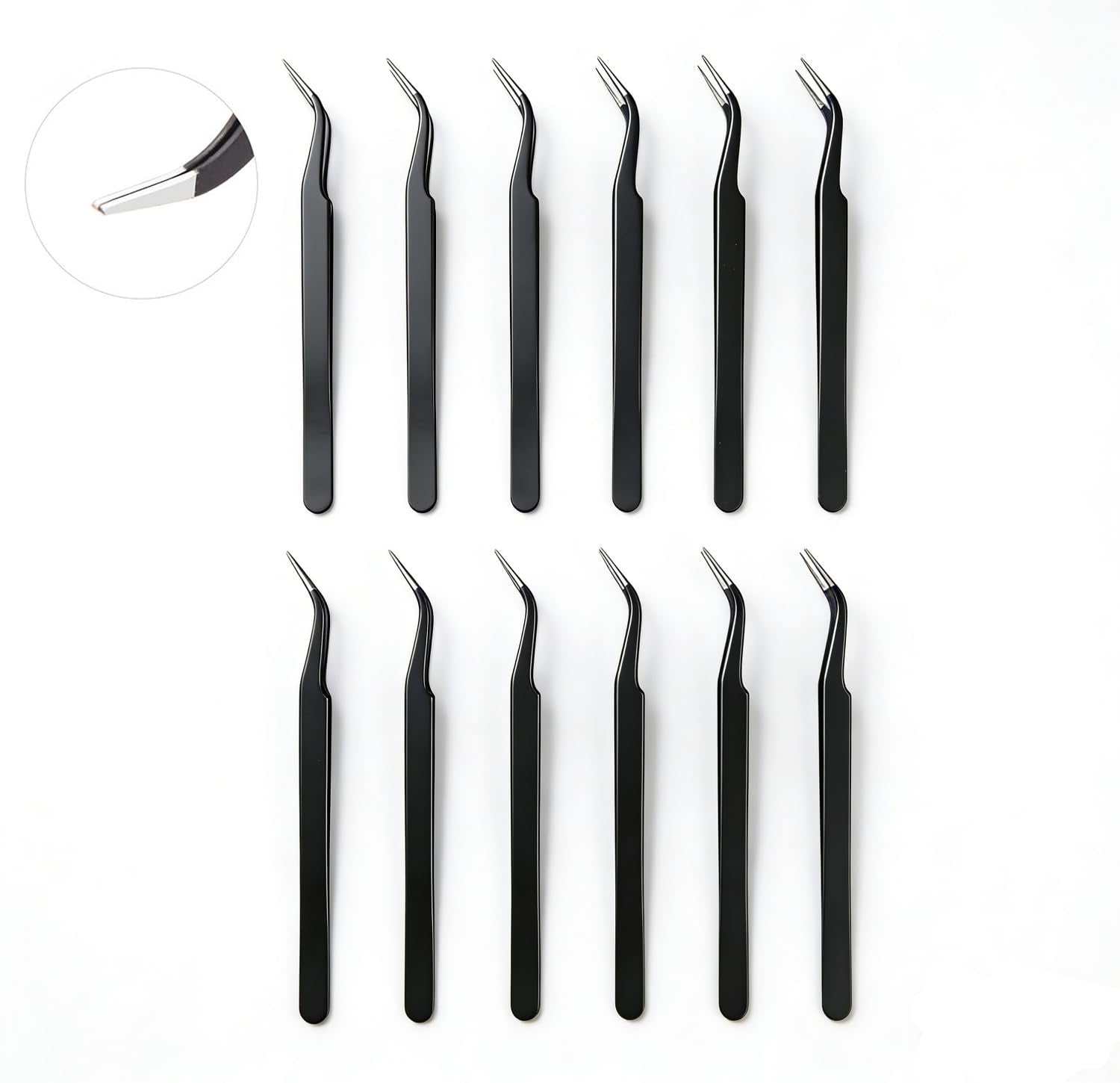 12 Pieces Tweezers for Crafting Stainless Steel Curved Pointed Tweezers with Protective Cover for Rhinestones Dried Flowers Craft Stickers Eyelash Extension Jewelry Making(Black)