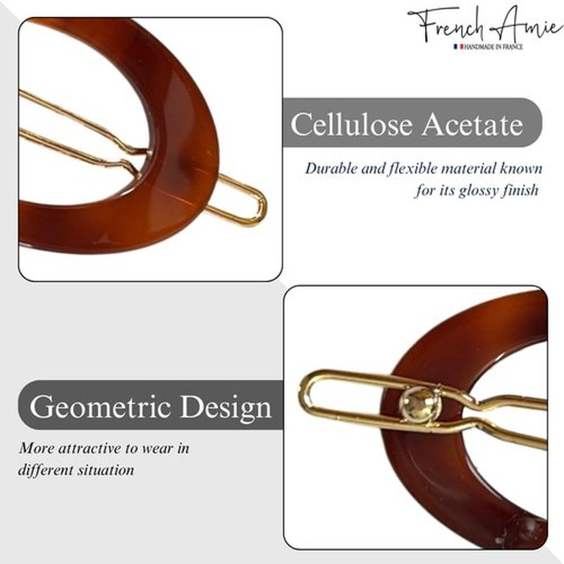 French Amie Oval Hoop Small 1 1/2” Tortoise Shell Celluloid Handmade Snap Hair Clips for Women Tige Boule Clasp Side Slide-in Barrette Clip Hair Accessories for Girl - 2 Piece