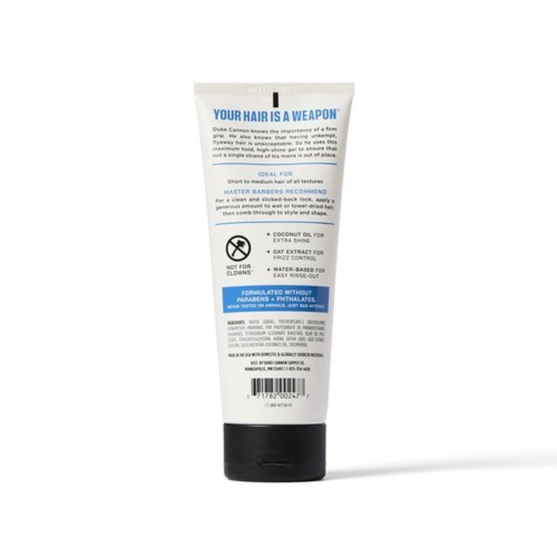 Duke Cannon Firm Grip Hair Gel, 7 oz – Maximum Hold, High Shine, Alcohol-Free, Water-Based Formula with Coconut Oil & Oat Extract, Ideal for Short to Medium Styles