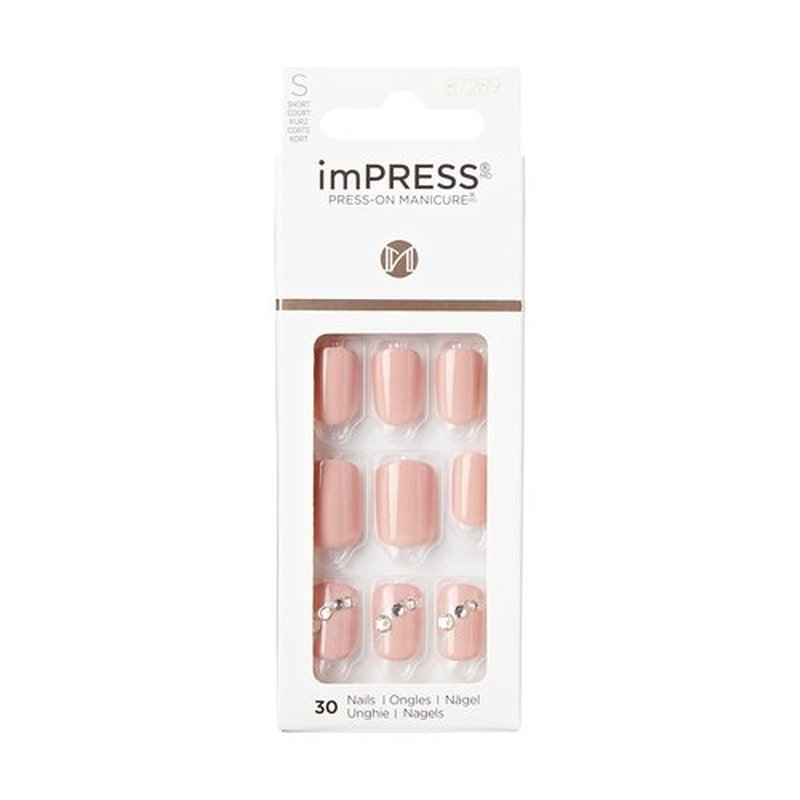 KISS Impress Press-On Manicure Fake Nails, Crystal Blossom - Short Length, Squoval Shape, Polish-Free Pink with Rhinestone Design Mani, Includes Prep Pad, Mini File, Manicure Stick, and 30 Fake Nails