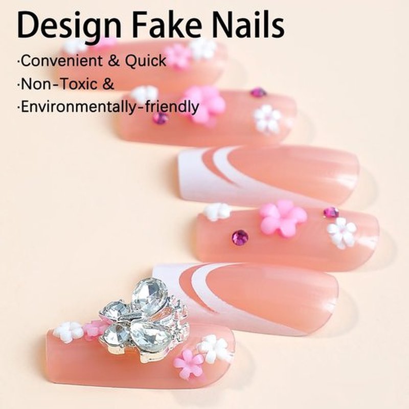 Square Press on Nails Long Fake Nails with Flower and Butterfly Charm Designs White False Nail Tips Long Square Acrylic Nails Full Cover Exquisite Design Artificial Nails for Women Girls 24pcs