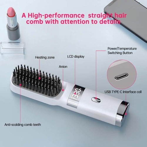 Cordless Hair Straightener Brush Portable on The go Comb for Travel USB chargingTwo Power sources30s Fast HeatingLCD Large Screen Display (White) 101010