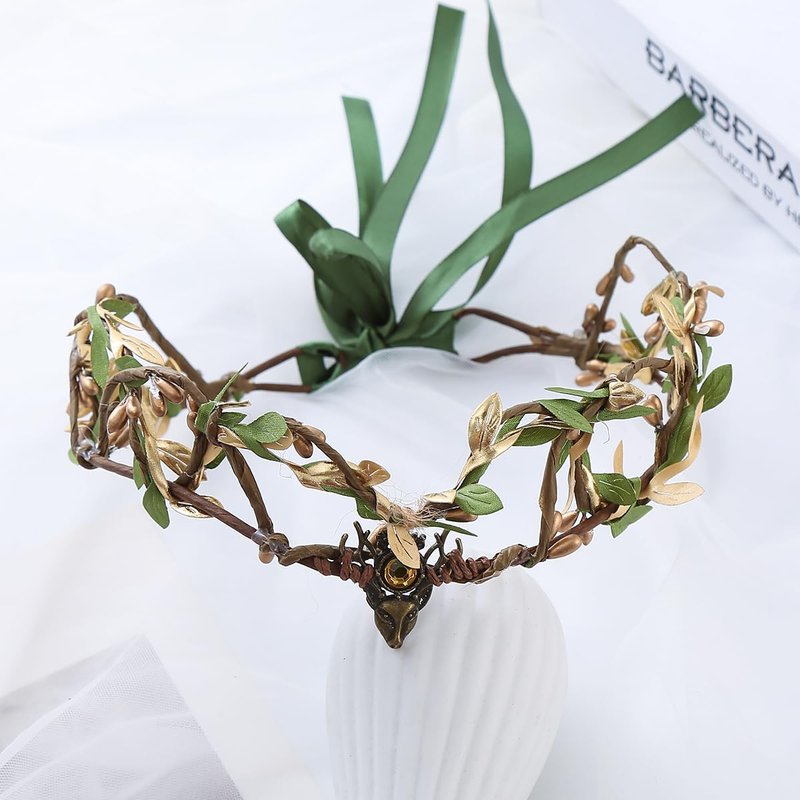 Vivivalue Golden Fairy Crown Flower Headband Floral Hair Wreath Even Headpiece Woodland Forest Circlet for Women Halloween Renaissance Wedding Bridal Cosplay Prom Photo Props
