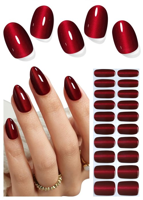 Semi Cured Gel Nail Strips, Burgundy Cat Eye 20pcs Adhesive UV Sticker, Wraps for Home Manicure DIY