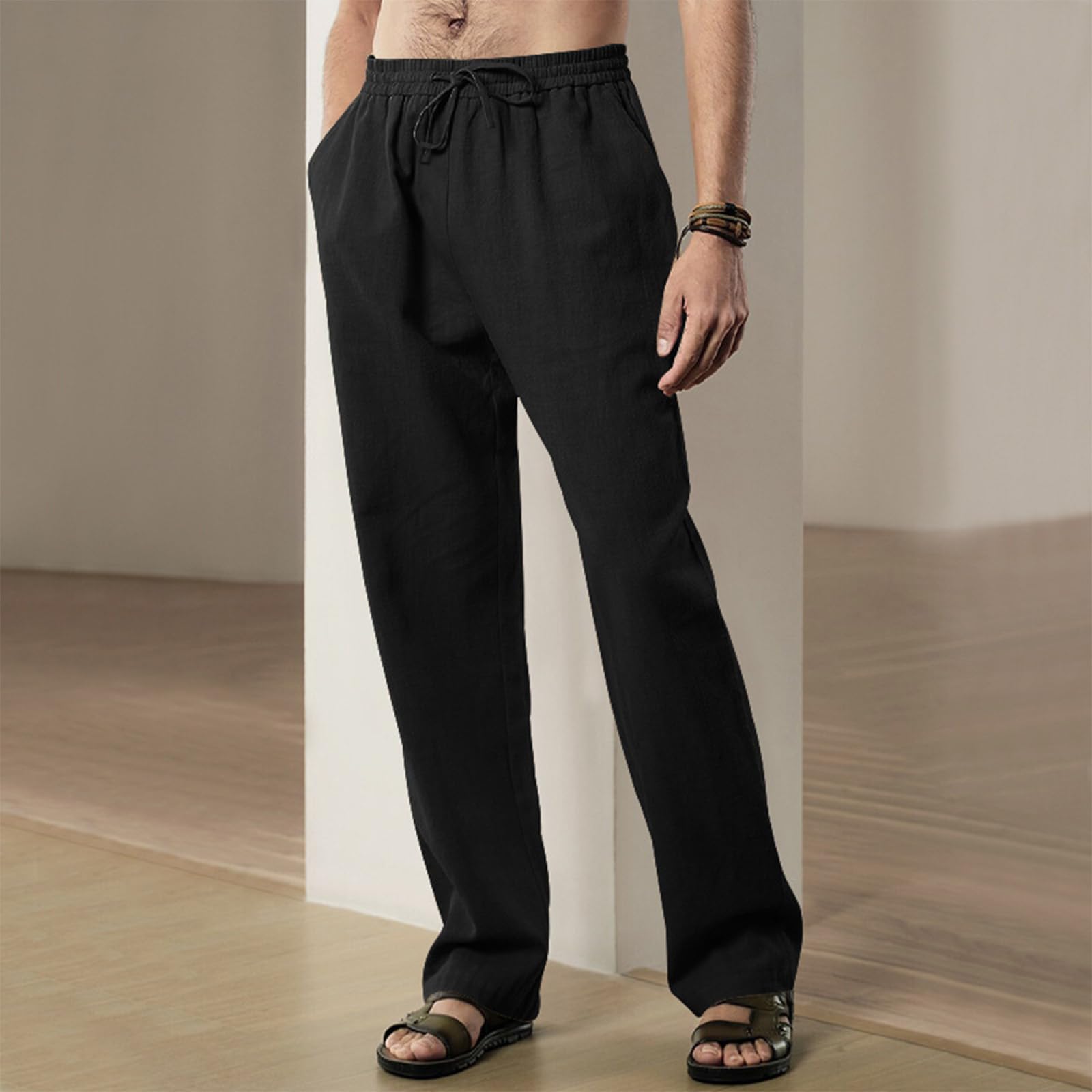 Zaswen Mens Causal Loose Fit Solid Color Elastic Waist Drawstring Pants 2025 New Linen Lightweight Yoga Beach Jogger Pants Black XL