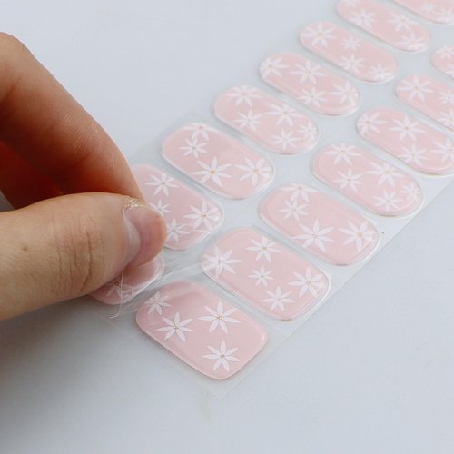 JMEOWIO Gel Nail Stickers Cream Pink White Flower Semi Cured Gel Nail Strips Wraps UV/LED Nails Art Design Decoration Accessories