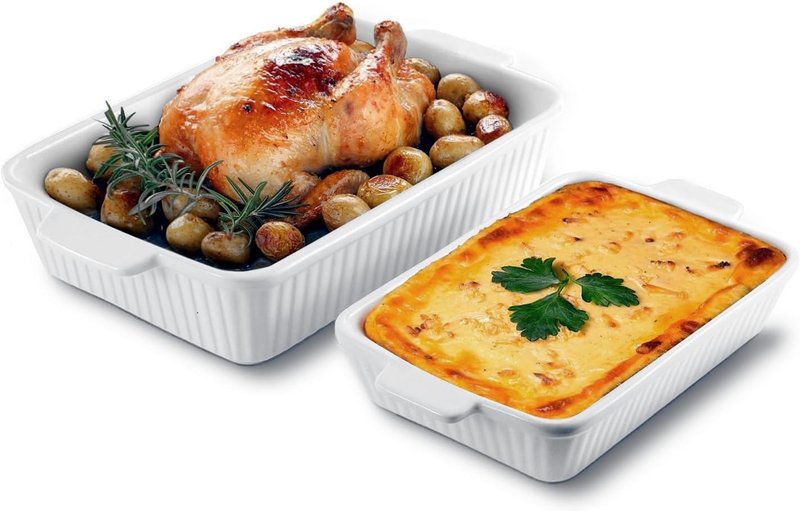 Ceramic Baking Dish Set - 2-Piece Rectangular Casserole Pans | 4.4QT & 1.8QT, Oven Safe, White