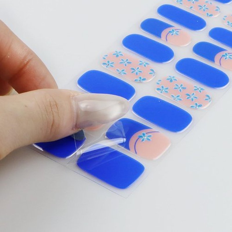 JMEOWIO Gel Nail Stickers Blue Flower French Tip Semi Cured Gel Nail Strips Wraps UV/LED Nails Art Design Decoration Accessories
