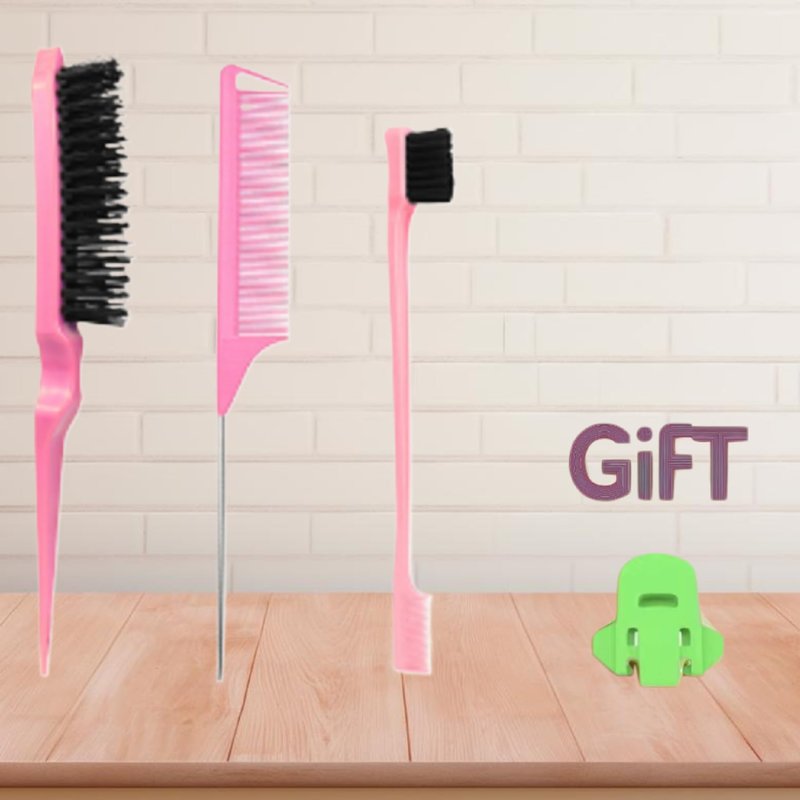 Xiangwenlan Pink Hair Brush Set - 3 Pcs, Slick Back, Rat Tail, Teasing Comb for Kids and Baby Hair Smoothing