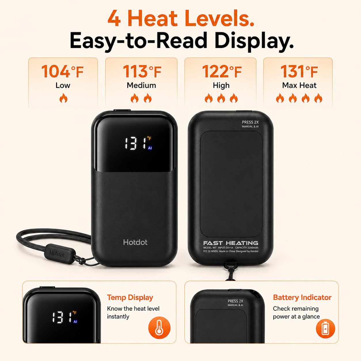 Rechargeable Hand Warmers 2 Pack, Electric Pocket Warmers with LED Temp & Battery Display, Smart Auto Pause, 4 Heat Levels 104-131°F, Fast Heating for Gloves, Camping Hiking, Gifts for Men Women