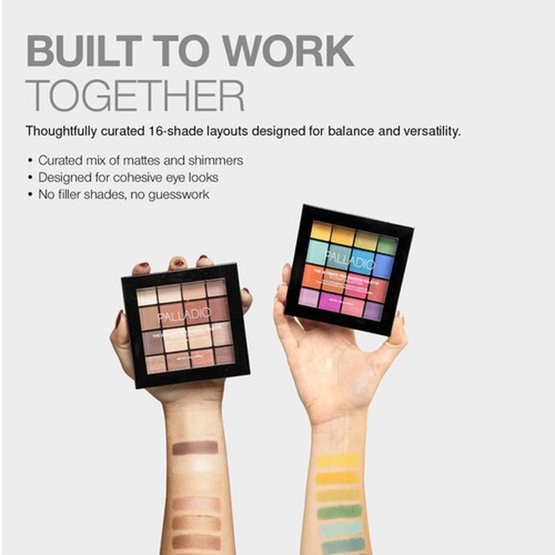 Palladio Ultimate Pro Eyeshadow Makeup Palette, 16 High-Pigmented Powder Colors, Matte, Shimmer, Satin Finishes, Natural Nudes
