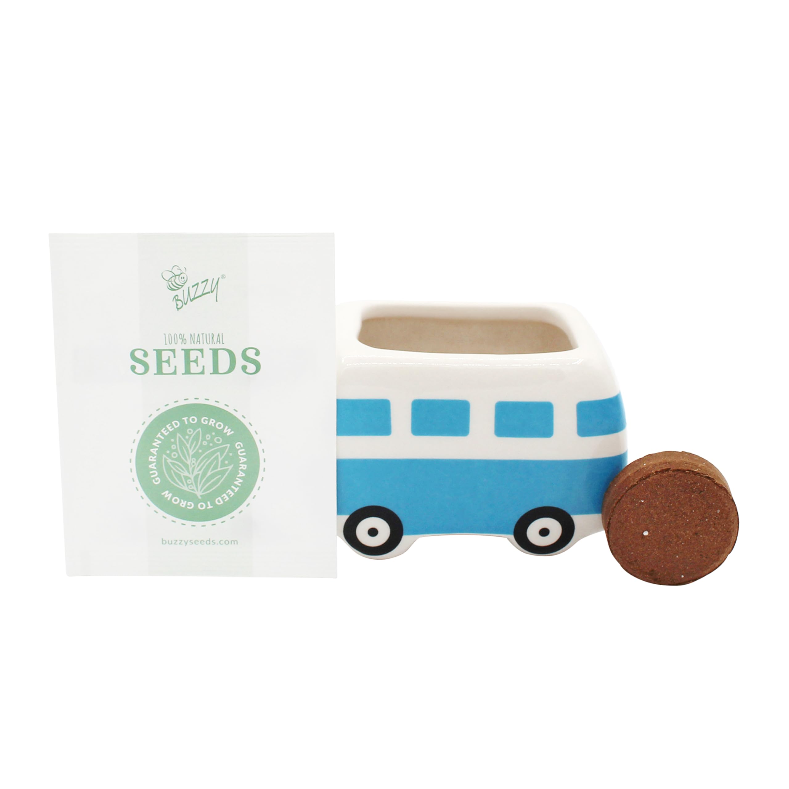 BUZZY Seeds Mini Ceramic Flower Bus Grow Kit 4-Pack - Bus Ceramic Planter - Complete Indoor/Outdoor Gardening Kit with Seeds, Coconut Husk Growing Medium & Genuine Pots - 100% Grow Guarantee