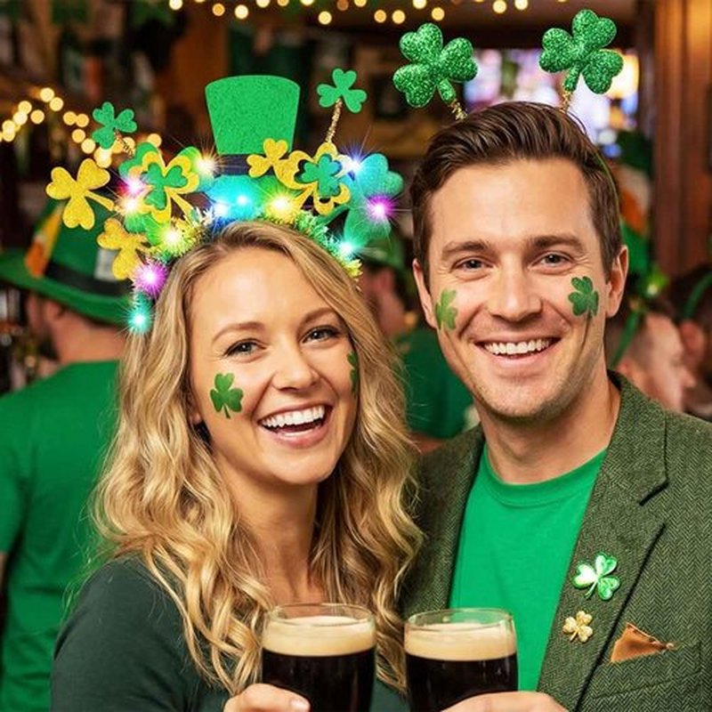 BARTOSI Light Up St Patrick's Day Headband LED Shamrock Hat Headbands Irish Green Hair Accessories for Women and Girls