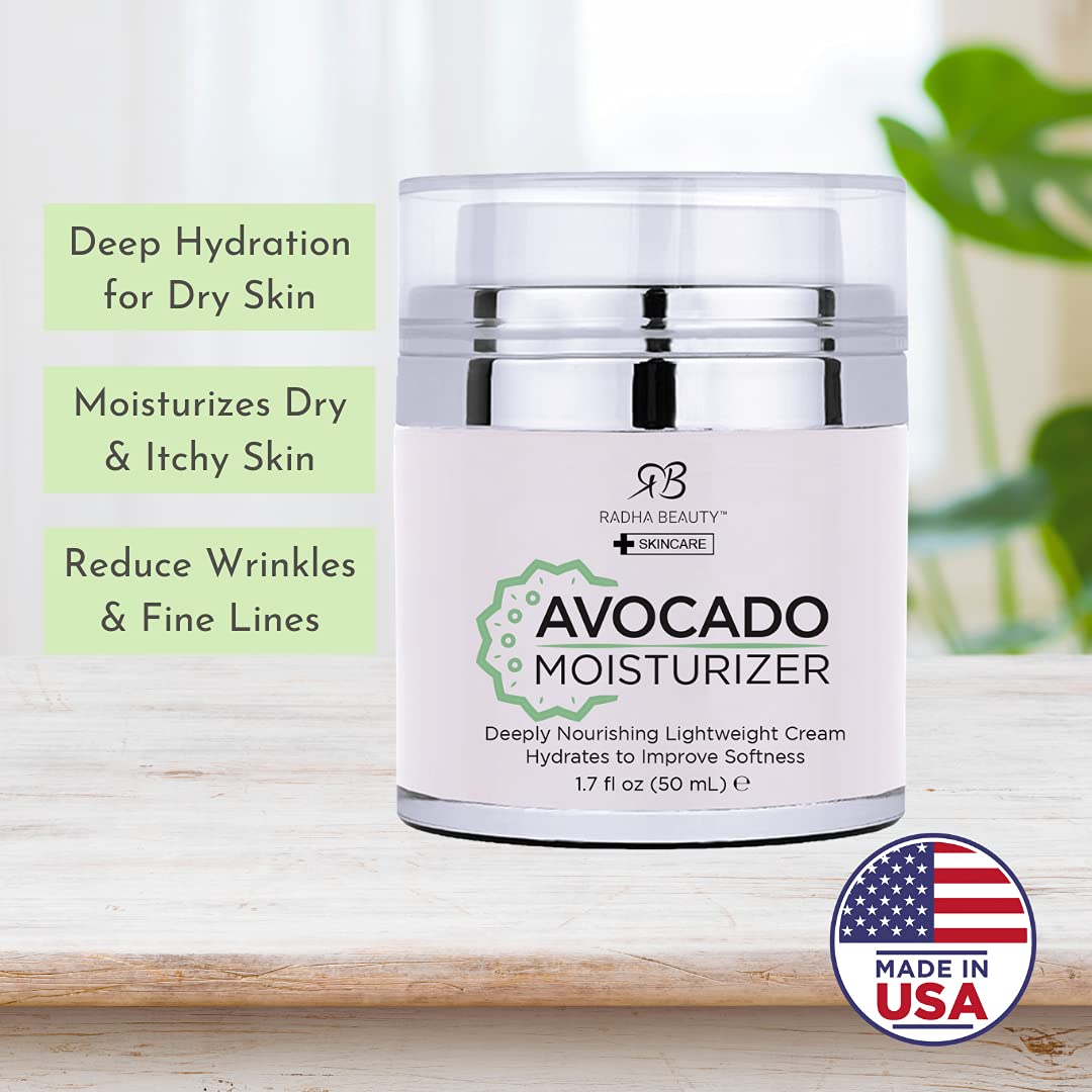 Radha Beauty Glow Boosting Avocado Moisturizer, 1.7 fl oz. for Face, Neck, Decollete - Super Moisturizing Facial Lightweight Cream