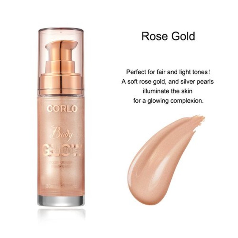 Corlo Body Shimmer Oil Liquid Glitter Face Luminizer Glow Highlighter Waterproof Long Lasting Moisturizing Luminizer FaceProm Party Makeup Brush Include(Rose Gold, Body Oil)
