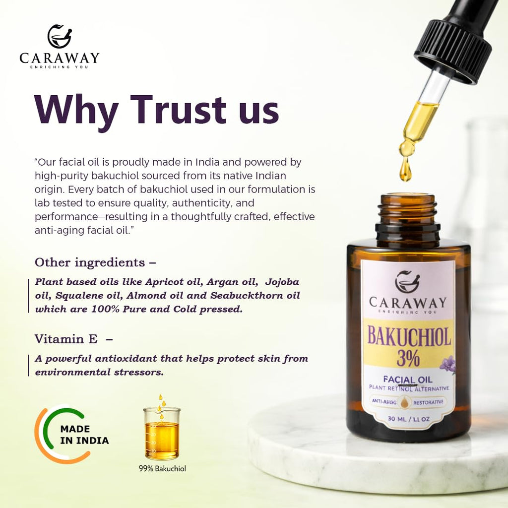 CARAWAY® Bakuchiol Oil 3% - 30,000 ppm Facial Oil – Retinol Alternative – Anti Ageing Oil – Suitable for Mature and Dry Skin | 30 ml