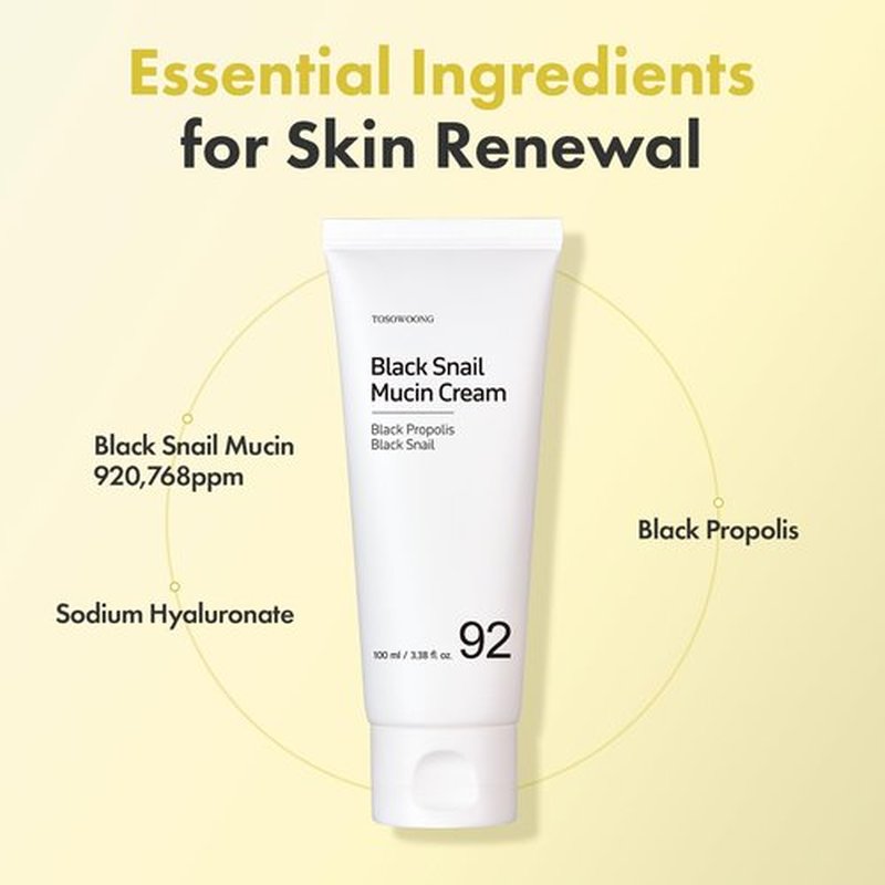 TOSOWOONG Black Snail Mucin 92% Face Cream, 920,768ppm Black Snail Mucin, Propolis, Lightweight Moisturing Cream for Soft, Glowy Skin, Moisturizer Face Cream, Korean Skin Care, 100ml, 3.38 fl.oz.