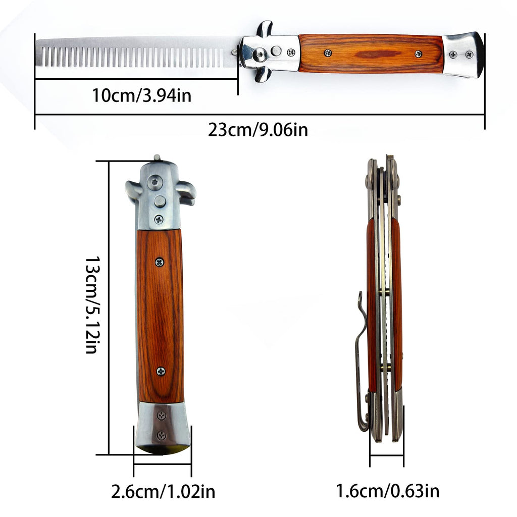 Folding Pocket Comb, Stainless Steel Beard Comb for Men, Switchblade Fine Tooth Mustache Combs Designed for Hair Salon Beauty Tool (Wood Color)