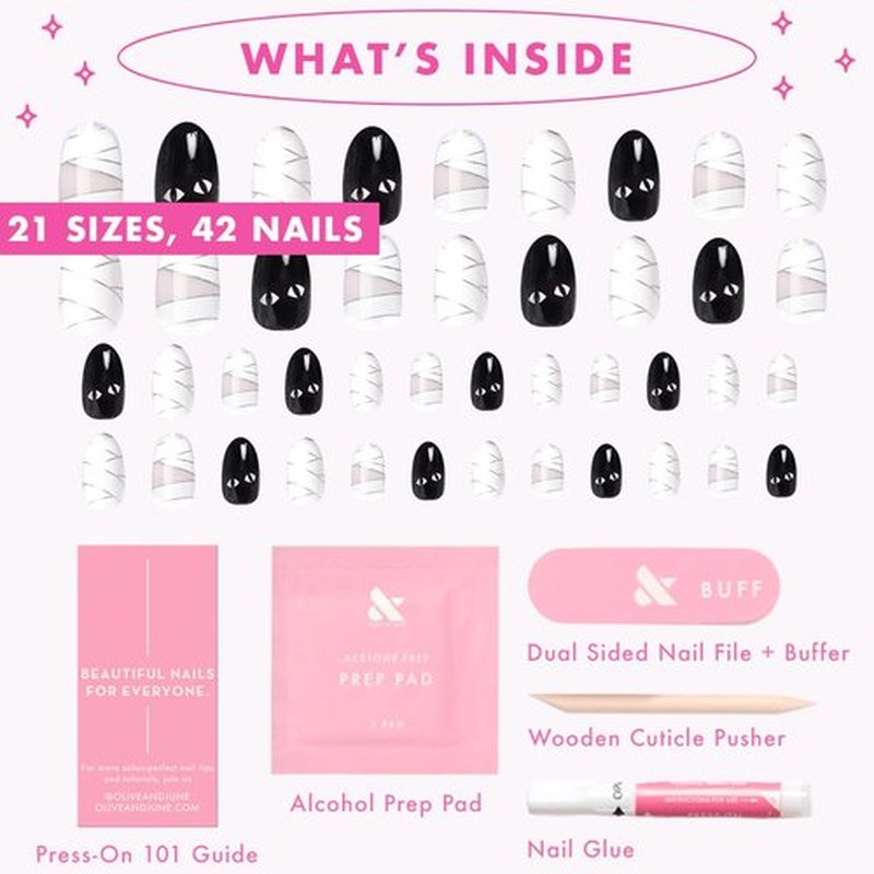 Olive & June Instant Mani Press-On Nails | Glue | Medium Oval | 42 Pieces, 21 Sizes | Non-Toxic, Long-Lasting Recycled Materials Realistic Look | Salon-Quality at Home | Halloween Mummy Mani