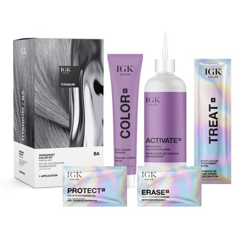 IGK Permanent Hair Dye Color Kit - BA Titanium Pure Cool Gray | 100% Gray Coverage, Strength & Shine