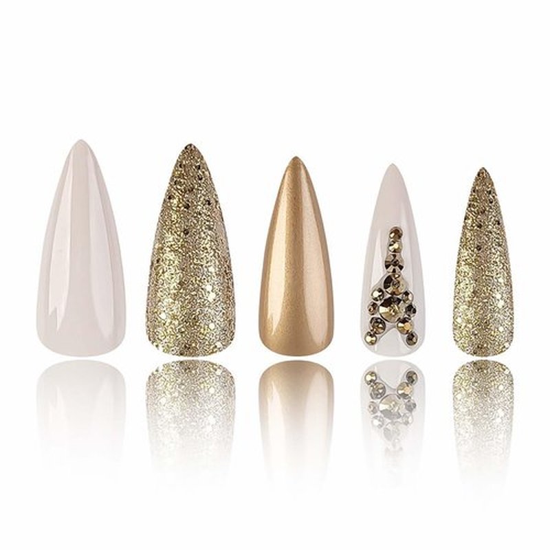 Rchosvam xl Almond Press on Nails Long Stiletto Shape Fake Nails Press Ons Gold Chromese Design False Nails Gold Rhinestones Stick on Nails Full Cover Artificial Nails Gift for Womens 24pcs