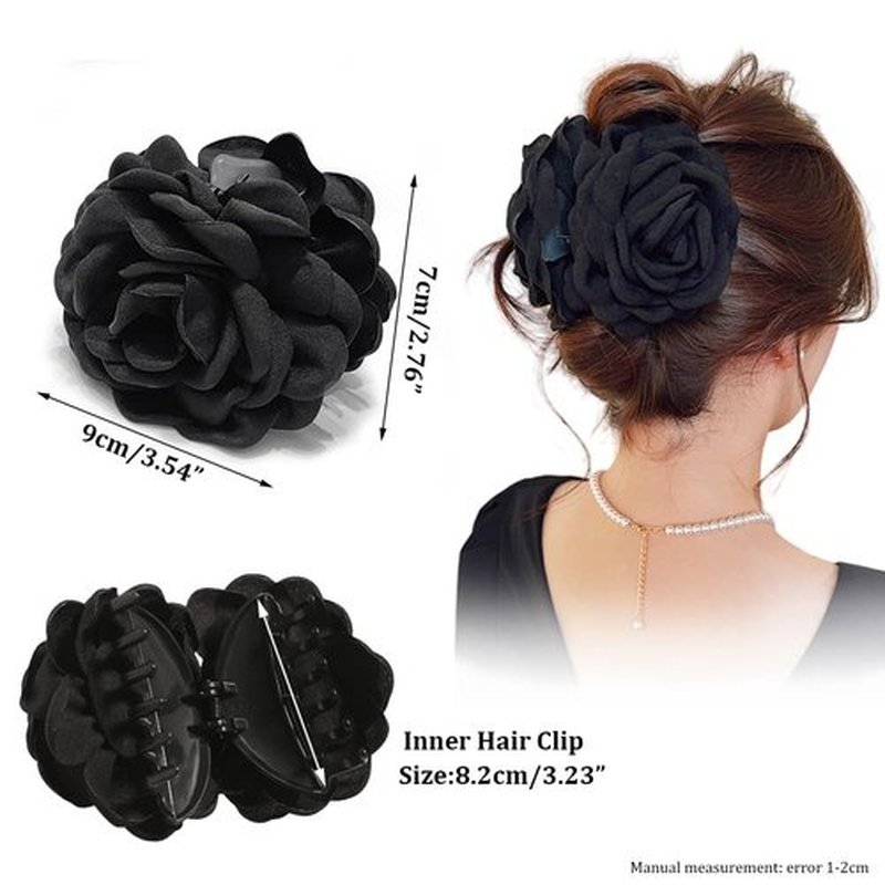 Rauimour 4pcs Handmade Fabric Rose Flower Hair Claw Clip for Women Girls, 3.94" Large Boho Hawaiian Floral Hairpins Barrettes for Thick Thin Hair Styling Accessories(Red Pink)