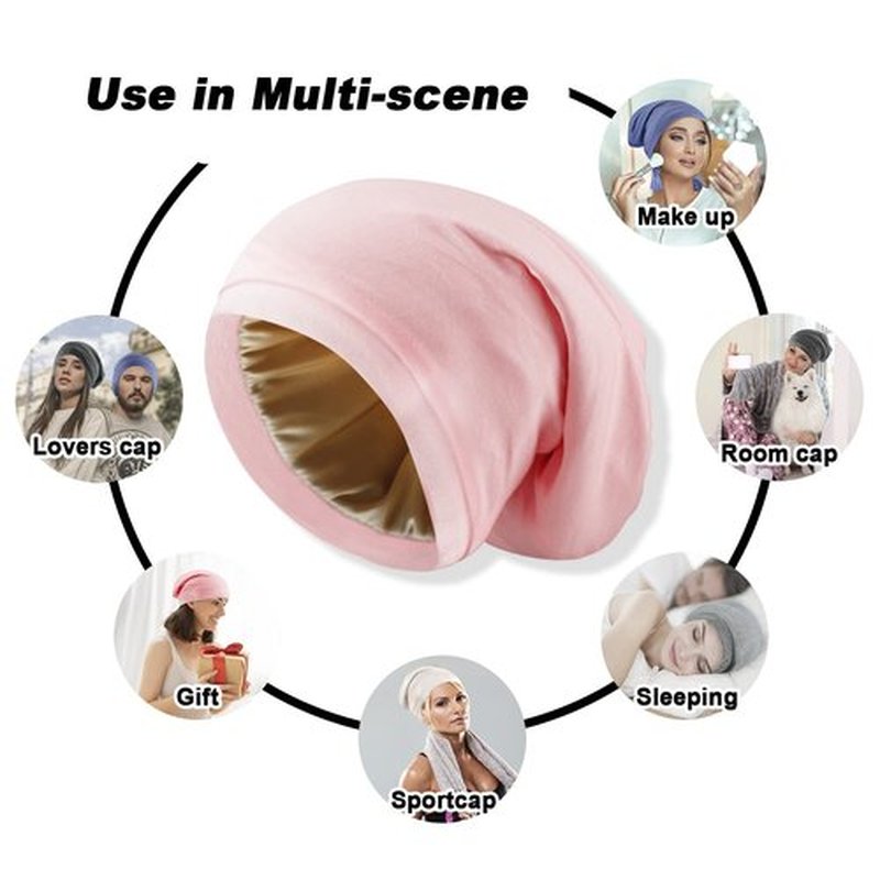 NICPOO Silk Satin Bonnet Hair Wrap for Sleeping, 2 Pcs Adjustable Silk Bonnets for Women Men Sleep Cap Silk Lined Slouchy with Adjustable Strap Curly Hair Head Scarf Night Caps（Red & Pink）