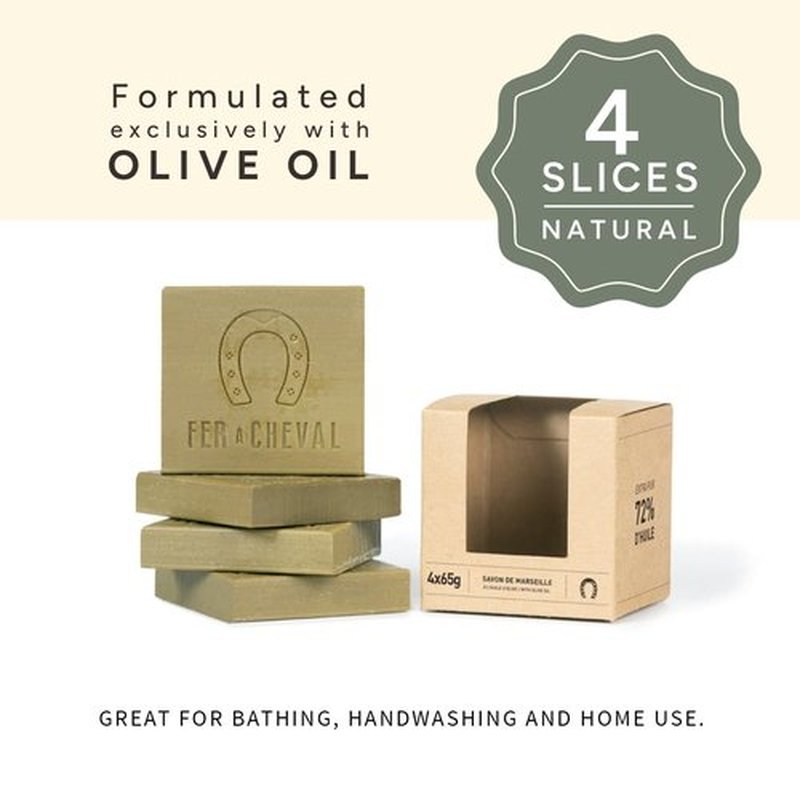 Fer à Cheval Pure Olive Savon De Marseille Soap Bar Sliced Cubes, French Olive Oil Soap Bar Slices, 4x65 g/2.29 oz