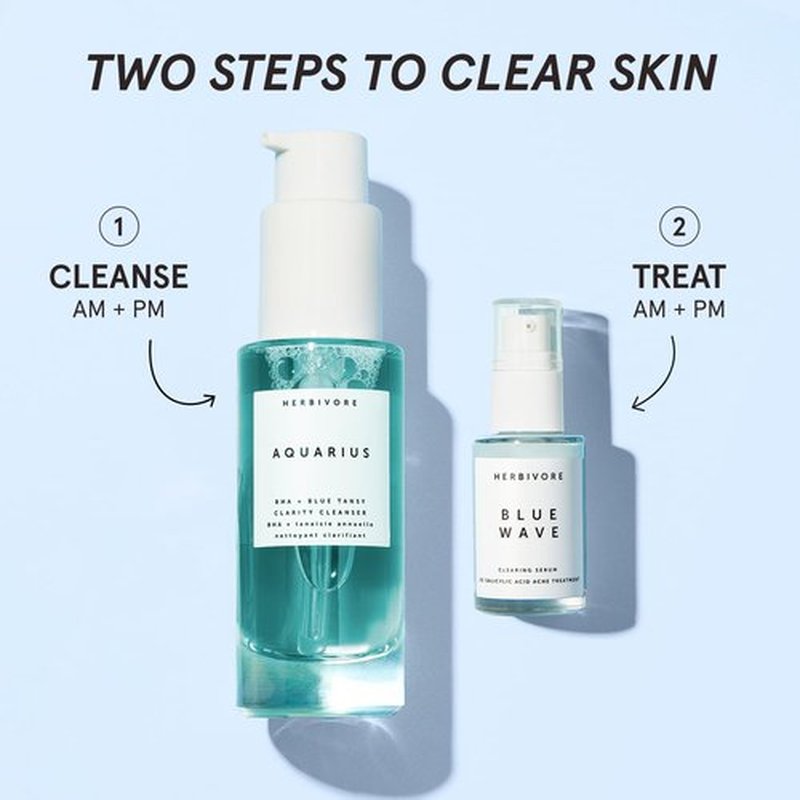 HERBIVORE Blue Besties Duo – 2-Step Treatment for Acne-Prone Skin, Aquarius Cleanser (50 mL) & Blue Wave Serum (10 mL), Plant-Based, Vegan, Cruelty-Free