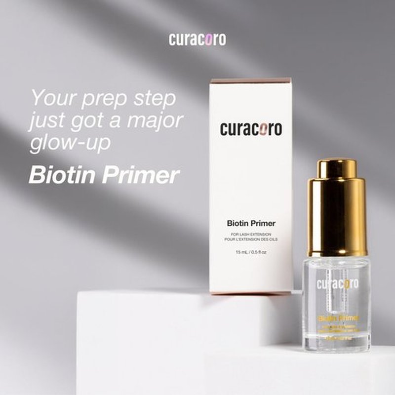 Curacoro Biotin Lash Primer for Lash Extensions, Removes Oils & Residue, Accelerates Glue Curing, Longer Retention (15ml)