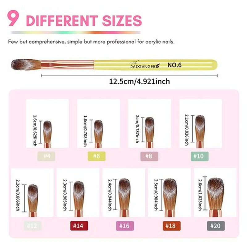 DAIXIANGER Acrylic Nail Brush Set, 9PCS Professional Nail Art Brushes for Acrylic Powder Application & 3D Nail Carving, Premium Nail Brushes Kit for DIY Home Salon Tools