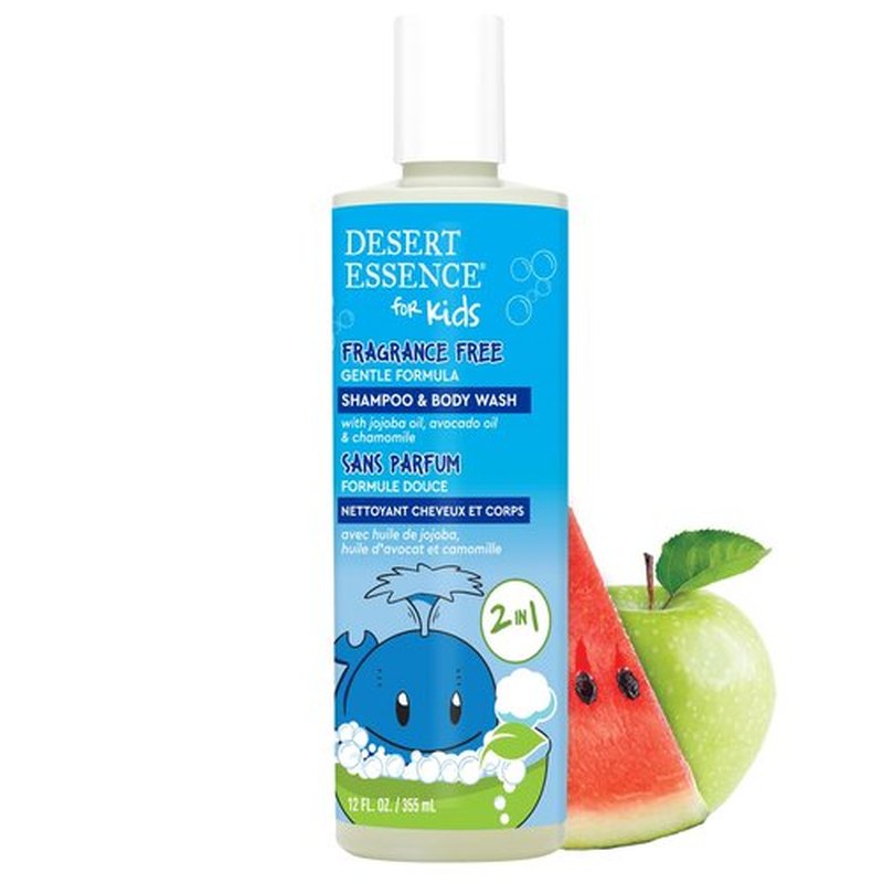 Desert Essence Kids Fragrance Free 2-in-1 Shampoo & Body Wash, Gentle Cleanser for Children’s Hair and Skin, Tear-Free Bath Wash for Kids, 12 fl oz