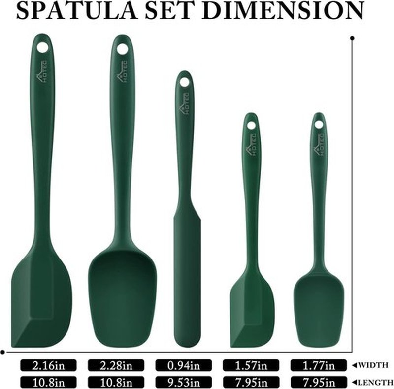 HOTEC Silicone Rubber Spatula Set - 600℉ Heat Resistant, BPA-Free, Dishwasher Safe | Dark Green, Set of 5