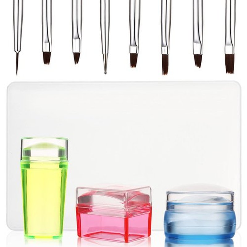 Leelosp 14 Pieces Clear French Tip Nail Stamp with Nail Art Brushes, Silicone Jelly Clear Stamper for Nails Include Gel Brush Polish Brushes for DIY Nail Decor
