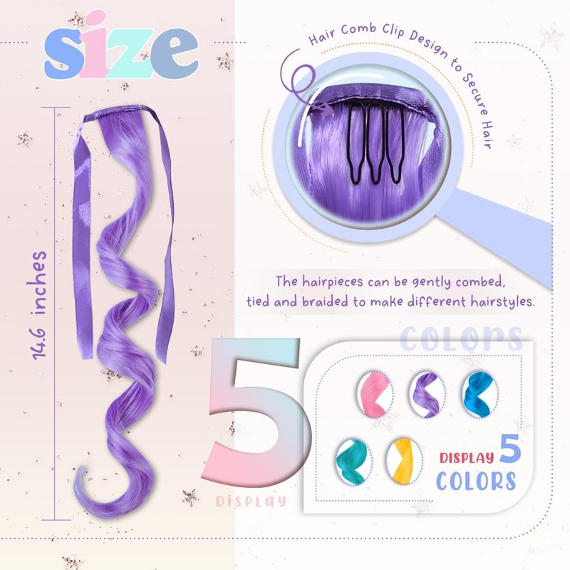 Z-CHARMMY Rainbow Color Hair Extensions for Kids, Crazy Hair Accessories for Girls, Tie-in Curly Ponytail Extensions with Ribbon Bow, 5 Colors, 10 Pieces