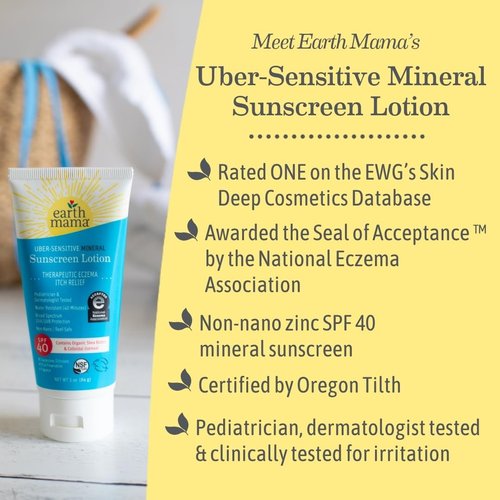 Earth Mama Uber-Sensitive Mineral Sunscreen Lotion SPF 40 - Non-Nano Zinc & Organic Oatmeal | 3-Ounce Eczema Cream for Baby & Family