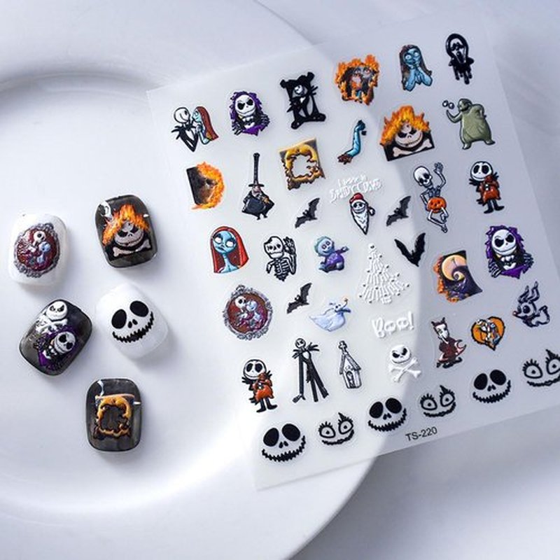 6PCS Fall Art Stickers 5D Embossed - Ghost Cat Skull Witch Pumpkin Spider Nail Decals for Women Girls