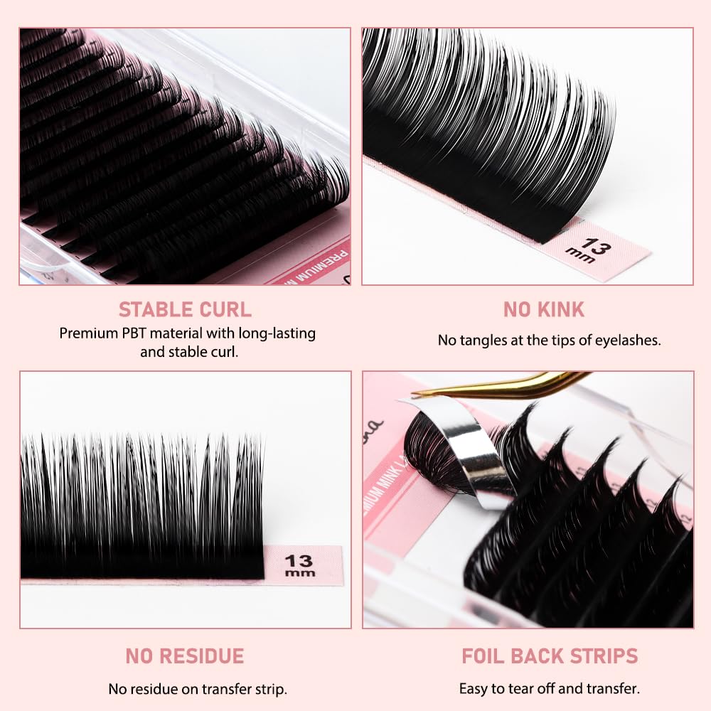NATUHANA Classic Volume Eyelash Extension 0.05mm D Curl 8-15mm Single Length Tray Black Soft Individual Lashes 16 Rows, Professional Supplies for Lash Techs(0.05 D, 8-15 Mix)