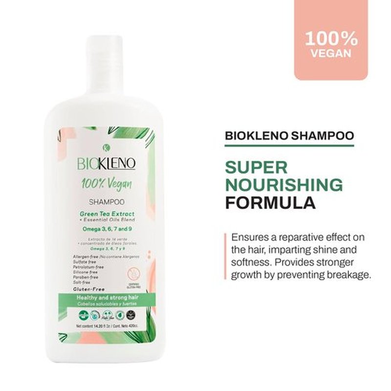 Biokleno Shampoo - 100% Vegan Green Tea & Essential Oils Blend | Nourishing & Sulfate-Free, 14.20 fl oz