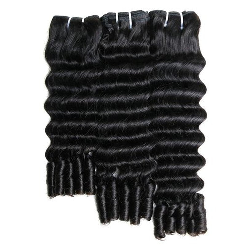 SWEETGIRL Deep Wave Human Hair Bundles Burmese Curly Bundles Human Hair Quick Weave with Spiral End Sew in Hair Extensions, Real Virgin Remy Hair, 16 18 20 Inches, Natural Color