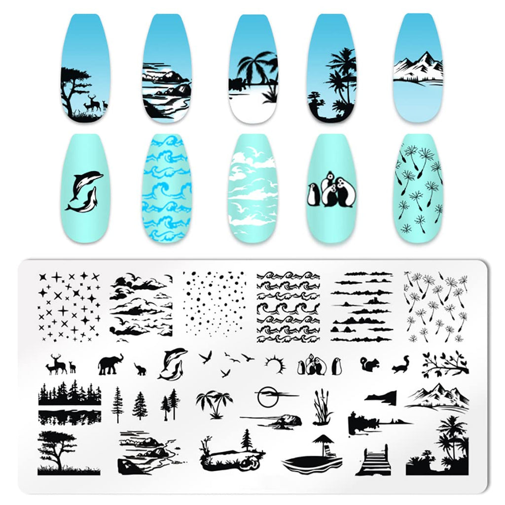 XEAOHESY 6pcs Seaside Scenery Nail Stamping Plate Nail Stamping Kit for Nails Summer Beach Coconut Trees Sunset Waves Sea Animals Image Plates Nail Stamper Kit