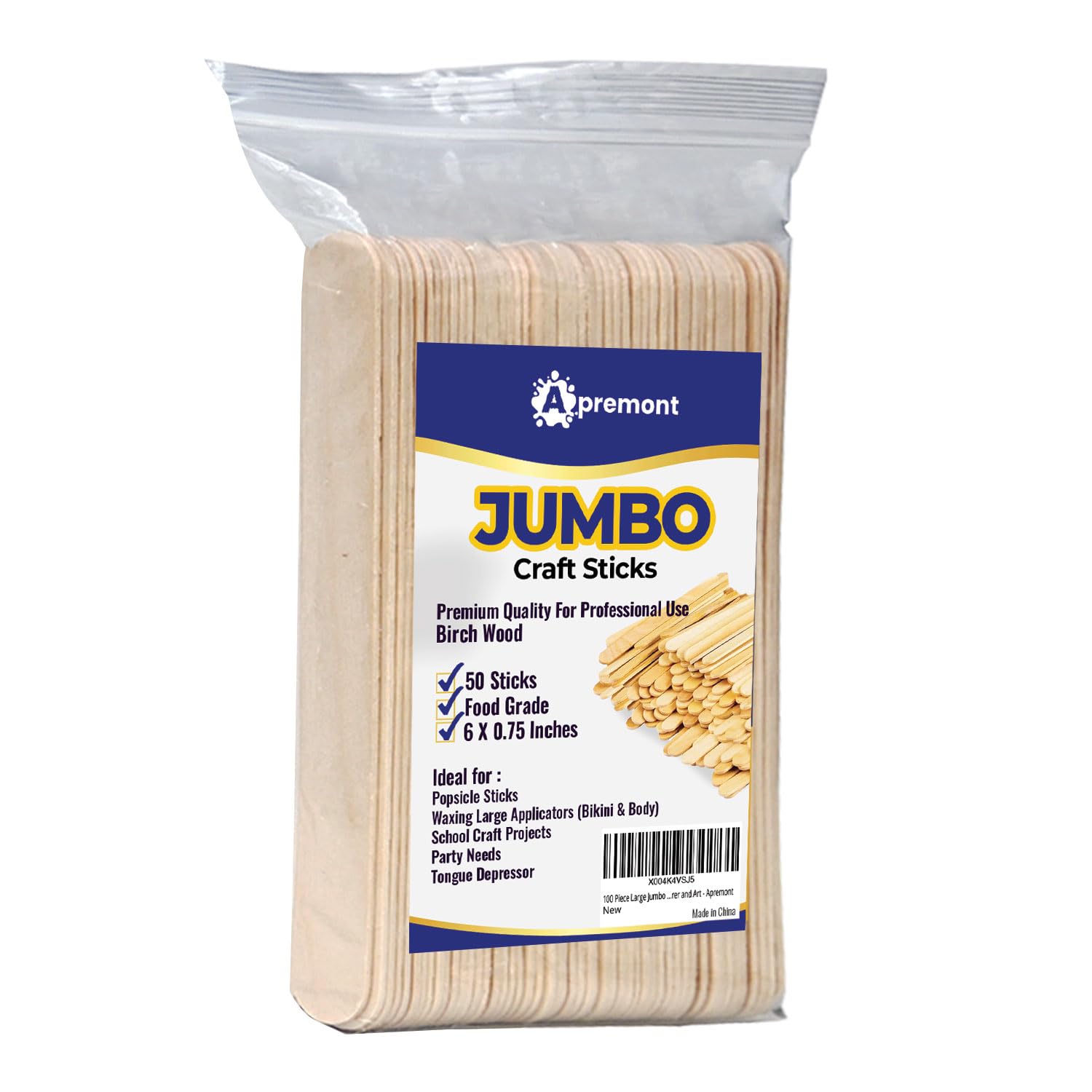 Apremont 50 Piece 6 Inch Large Jumbo Wooden Craft Sticks, Premium Natural Organic Wood, Waxing, Project, Tongue Depressor, Popsicle, Ice Cream Stick,Woodcraft, Paint Stirrer, Art and Craft
