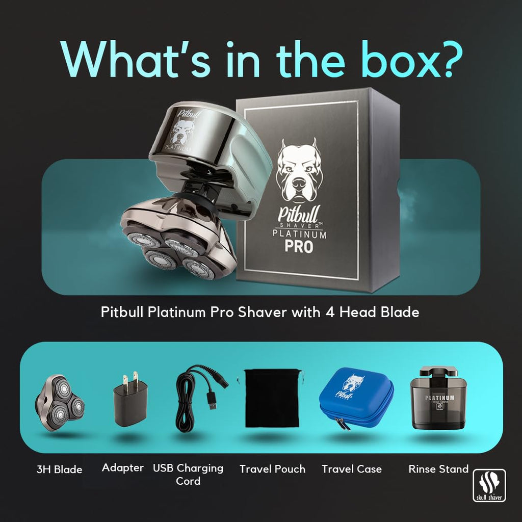 Skull Shaver Pitbull Platinum PRO Head & Face Shaver Kit - Cordless Electric Shaver - Wet & Dry Shaving Capabilities - Comes with Travel Case, USB Charging Cable & Rinse Stand - with Bonus Blade